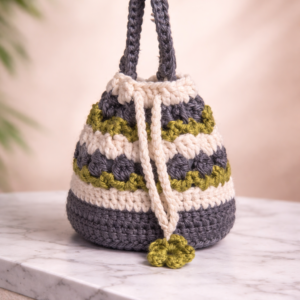 handmade crochet drawstring mini bucket bag – grey, cream & olive green