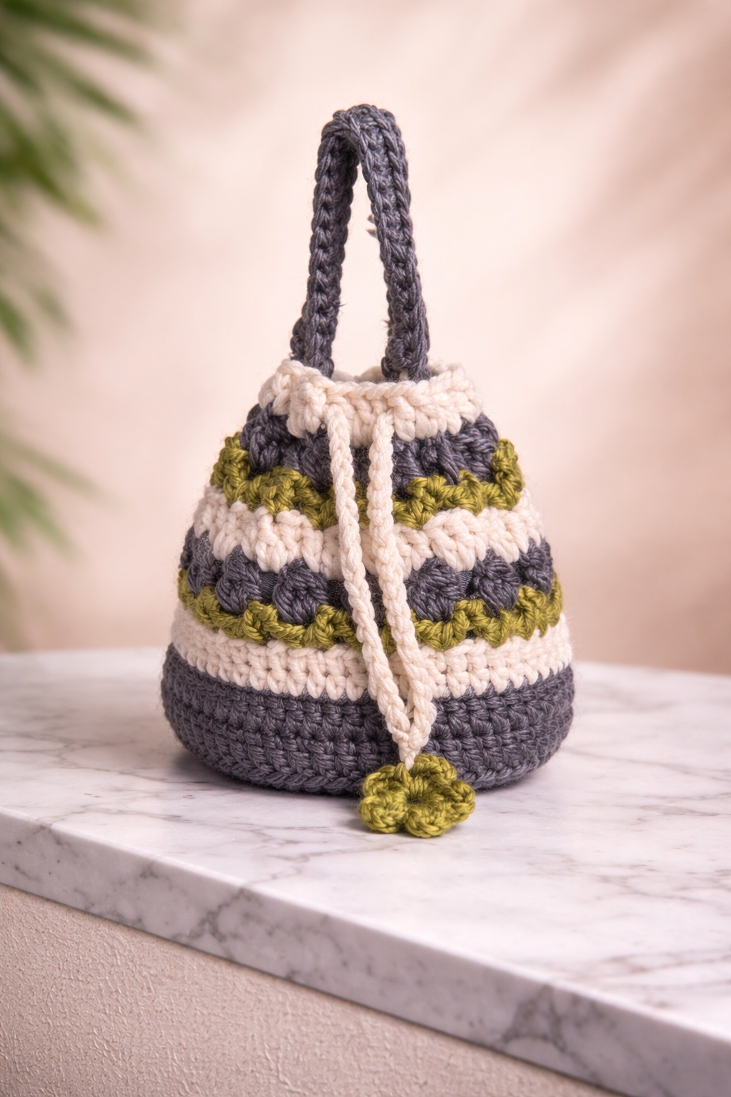 handmade crochet drawstring mini bucket bag – grey, cream & olive green handmade crochet drawstring mini bucket bag – grey, cream & olive green