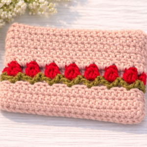 handmade crochet hand purse – blush pink with red cherry detail