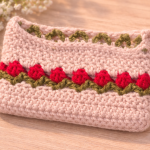 handmade crochet hand purse – blush pink with red cherry detail