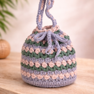 handmade crochet drawstring mini bucket bag – grey, cream & olive green