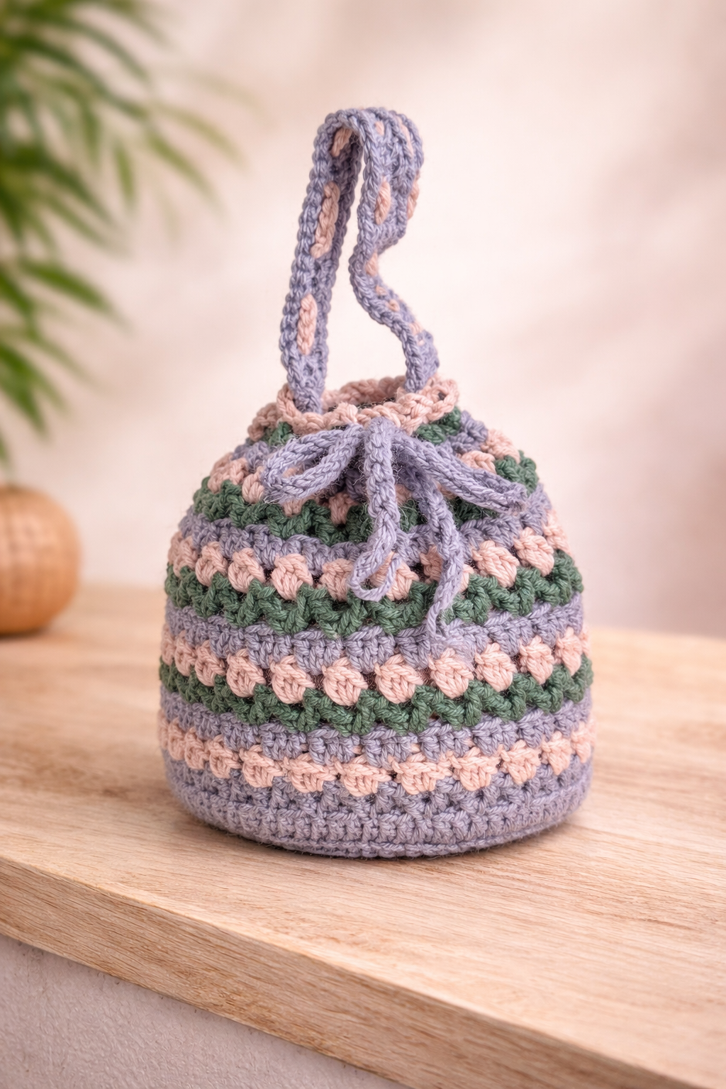 handmade crochet drawstring mini bucket bag – grey, cream & olive green handmade crochet drawstring mini bucket bag – grey, cream & olive green