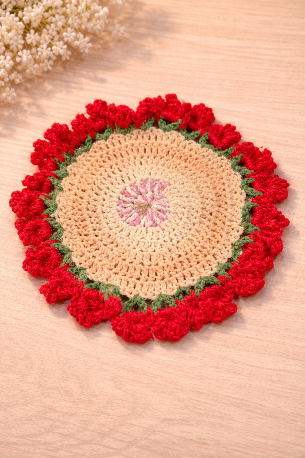 handmade crochet hand purse – blush pink with red cherry detail handmade crochet hand purse – blush pink with red cherry detail