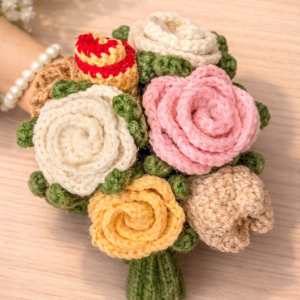 handmade crochet hand purse – blush pink with red cherry detail