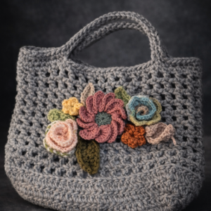 handmade crochet drawstring mini bucket bag – grey, cream & olive green