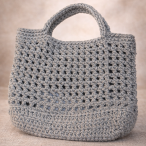 handmade crochet drawstring mini bucket bag – grey, cream & olive green