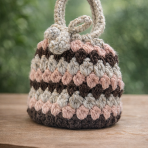 handmade crochet drawstring mini bucket bag – grey, cream & olive green