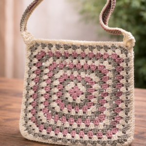 handmade crochet drawstring mini bucket bag – grey, cream & olive green