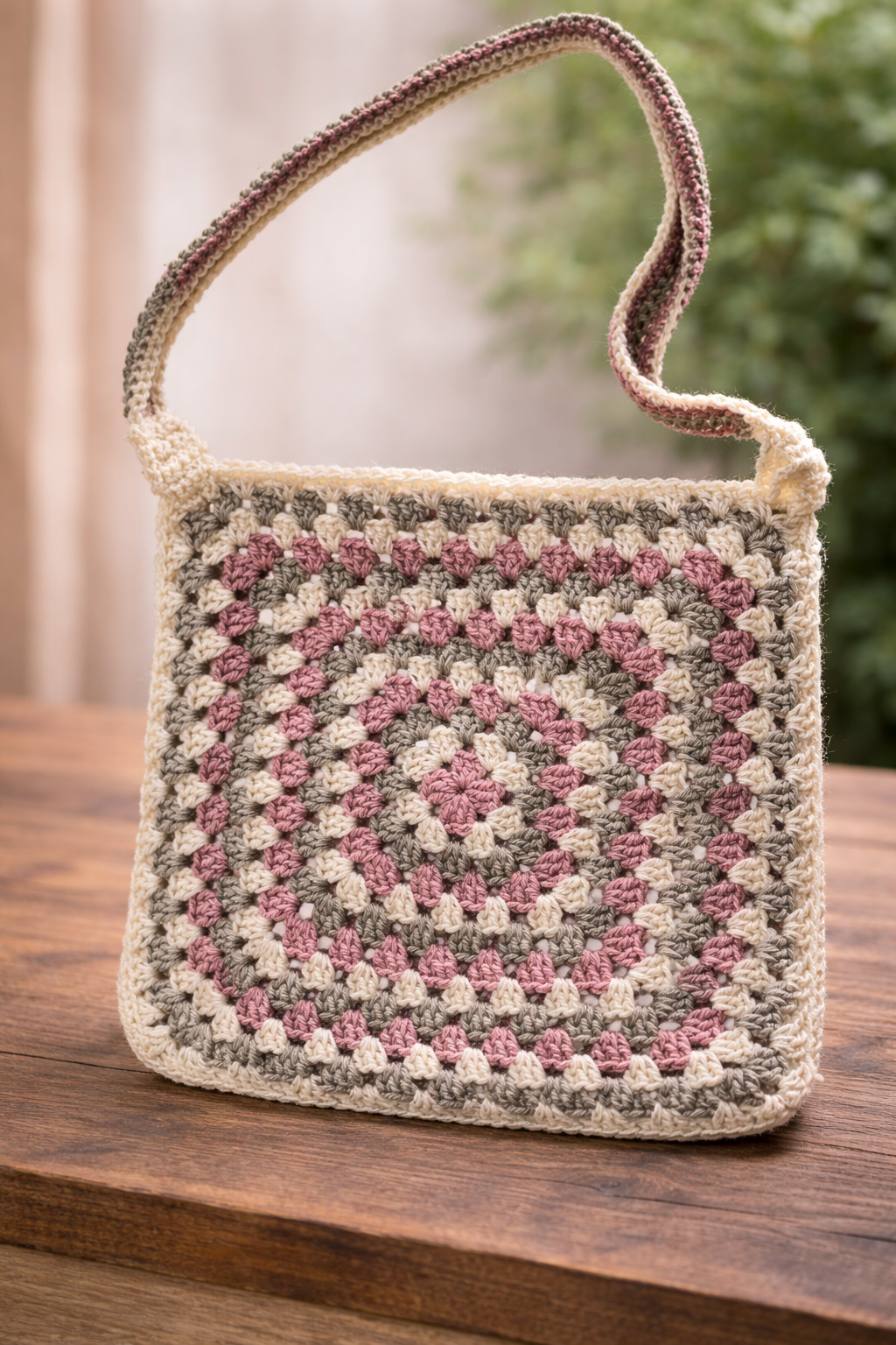 handmade crochet drawstring mini bucket bag – grey, cream & olive green handmade crochet drawstring mini bucket bag – grey, cream & olive green