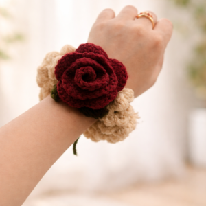 handmade crochet rose floral wrist corsage scrunchie