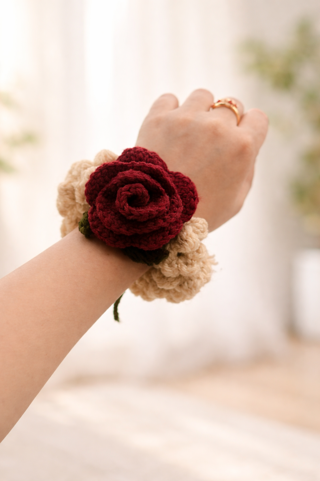 handmade crochet rose floral wrist corsage scrunchie handmade crochet rose floral wrist corsage scrunchie
