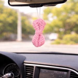 handmade crochet bow car hanging ornament – soft pink
