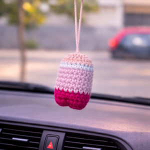 handmade crochet mini car hanging ornament – pastel pink multicolor