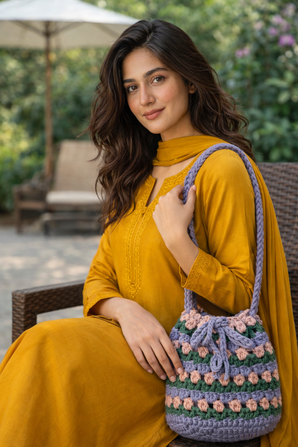 handmade crochet drawstring mini bucket bag – grey, cream & olive green handmade crochet drawstring mini bucket bag – grey, cream & olive green